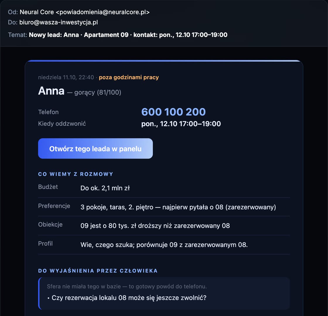 Mail do biura: nowy lead Anna, apartament 09, telefon w poniedziałek 17–19, pytanie o rezerwację 08 do wyjaśnienia